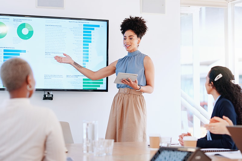 DEME LLC team presenting analytics and strategy charts during a digital marketing planning session for business growth.